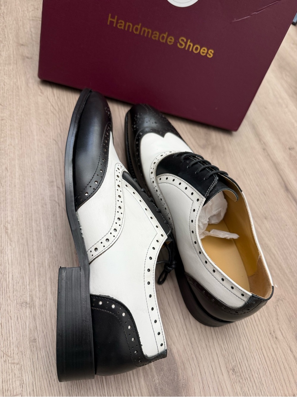 Men's Black & White Two-Tone Leather Wingtip Oxfords Handcrafted